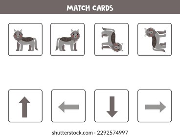 Educational worksheet for preschool kids. Match cards with wolves. Left right up down.