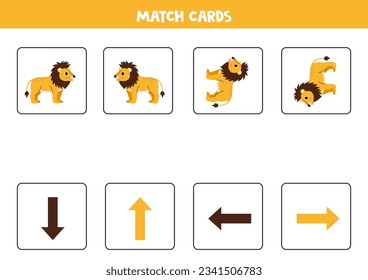 Educational worksheet for preschool kids. Spatial orientation. Left and right up down with cute cartoon lions.