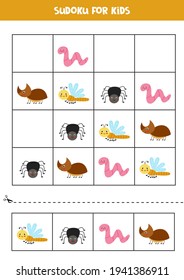 Educational worksheet for preschool kids. Sudoku for kids with insects.