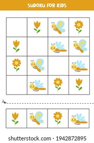 Educational worksheet for preschool kids. Sudoku for kids with insects.