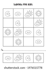 Educational worksheet for preschool kids. Sudoku for kids with black and white weather elements.