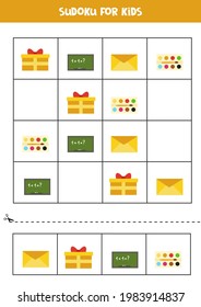 Educational worksheet for preschool kids. Sudoku for kids with rectangular items.