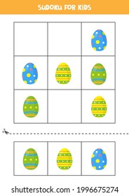 Educational worksheet for preschool kids. Sudoku for kids with easter eggs.