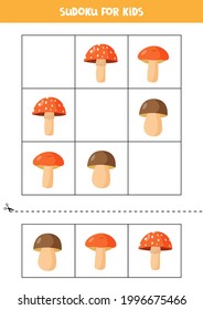 Educational worksheet for preschool kids. Sudoku for kids with autumn mushrooms.
