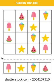 Educational worksheet for preschool kids. Sudoku for kids with summer elements.
