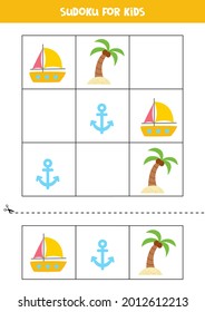 Educational worksheet for preschool kids. Sudoku for kids with summer elements.