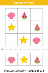 Educational worksheet for preschool kids. Sudoku for kids with summer elements.