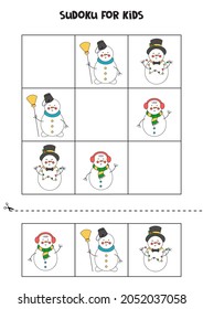 Educational worksheet for preschool kids. Sudoku for kids with cute christmas snowmen.
