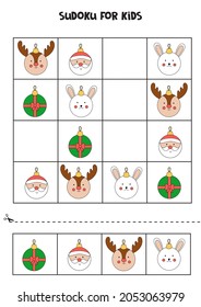 Educational worksheet for preschool kids. Sudoku for kids with Christmas balls.
