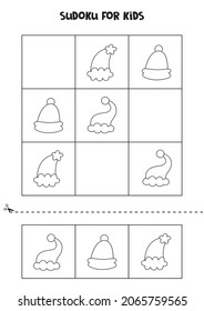 Educational worksheet for preschool kids. Sudoku for kids with black and white Santa hats.