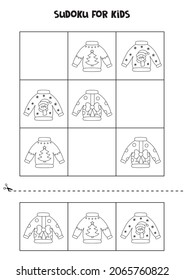 Educational worksheet for preschool kids. Sudoku for kids with black and white sweaters.