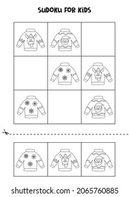 Educational worksheet for preschool kids. Sudoku for kids with black and white sweaters.