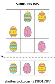 Educational worksheet for preschool kids. Sudoku for kids with Easter eggs.