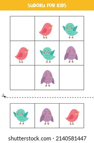 Educational worksheet for preschool kids. Sudoku for kids with cute birds.