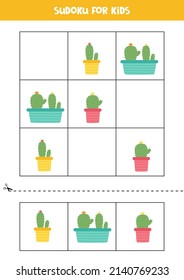 Educational worksheet for preschool kids. Sudoku for kids with cacti.