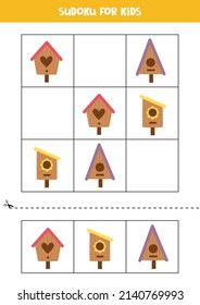 Educational worksheet for preschool kids. Sudoku for kids with birdhouses.