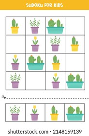 Educational worksheet for preschool kids. Sudoku for kids with cute flowers in pots.
