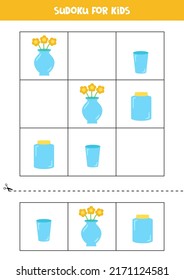 Educational worksheet for preschool kids. Sudoku for kids with glass items.