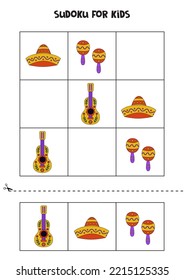 Educational worksheet for preschool kids. Sudoku for kids with Mexican items.