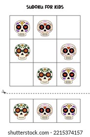 Educational worksheet for preschool kids. Sudoku for kids with Mexican skulls.