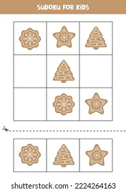 Educational worksheet for preschool kids. Sudoku for kids with gingerbread cookies.