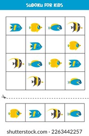 Educational worksheet for preschool kids. Sudoku for kids with cute reef fish.