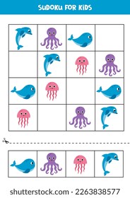 Educational worksheet for preschool kids. Sudoku for kids with cute sea animals.