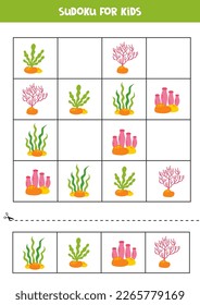 Educational worksheet for preschool kids. Sudoku for kids with sea weeds.