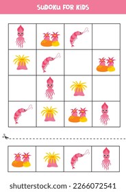 Educational worksheet for preschool kids. Sudoku for kids with sea animals.