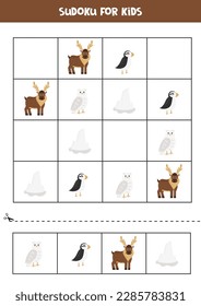 Educational worksheet for preschool kids. Sudoku for kids with arctic animals.