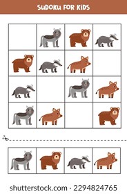 Lehrblatt für Vorschulkinder. Sudoku für Kinder mit Waldtieren.