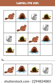 Educational worksheet for preschool kids. Sudoku for kids with woodland animals.