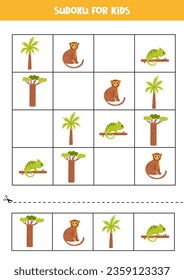 Educational worksheet for preschool kids. Sudoku with african animals.