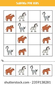 Educational worksheet for preschool kids. Sudoku for kids with african animals.