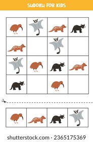 Lehrblatt für Vorschulkinder. Sudoku für Kinder mit australischen Tieren.