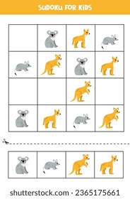 Educational worksheet for preschool kids. Sudoku for kids with australian animals.