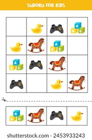 Educational worksheet for preschool kids. Sudoku for kids with kids toys.