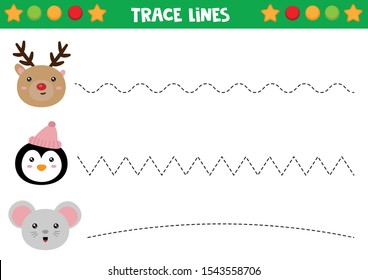 Educational worksheet for preschool kids. Tracing lines with animals. Handwriting practice. 