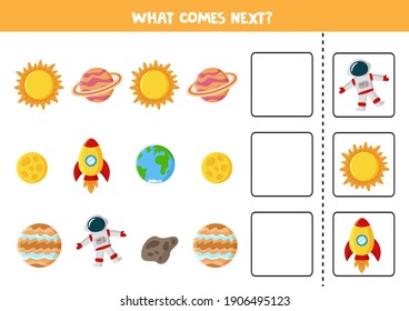 Educational worksheet for preschool kids. What comes next. Task with colorful space elements.
