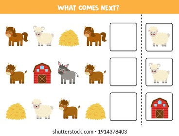 Educational worksheet for preschool kids. What comes next. Task with colorful Christmas gift boxes. 
