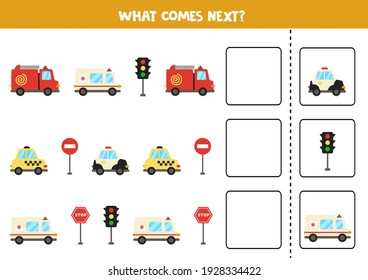 Educational Worksheet For Preschool Kids. What Comes Next. Task With Colorful Transport.
