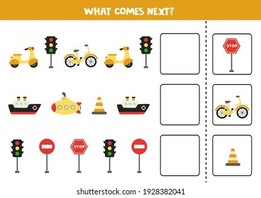 Educational Worksheet For Preschool Kids. What Comes Next. Task With Colorful Transportation Means.
