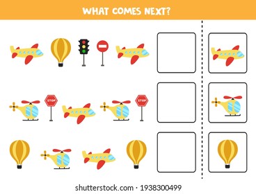 Educational worksheet for preschool kids. What comes next. Task with colorful air transport. 
