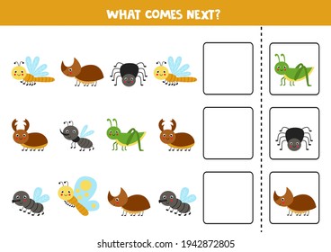 Educational worksheet for preschool kids. What comes next. Task with colorful insects.
