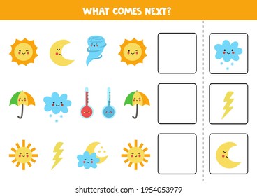 Educational worksheet for preschool kids. What comes next. Task with colorful weather events.
