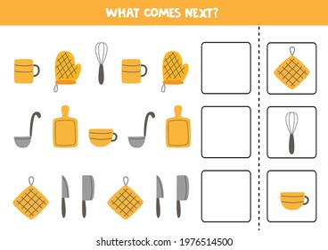 Educational worksheet for preschool kids. What comes next. Task with kitchen utensils.
