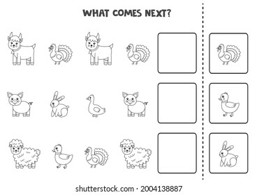 Educational worksheet for preschool kids. What comes next. Task with black and white farm animals.
