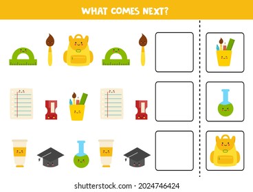 Educational worksheet for preschool kids. What comes next. Task with colorful Christmas gift boxes. 
