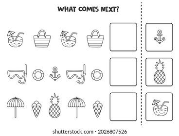 Educational worksheet for preschool kids. What comes next. Task with black and white summer elements.
