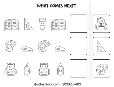 Educational worksheet for preschool kids. What comes next. Task with black and white school supplies.
